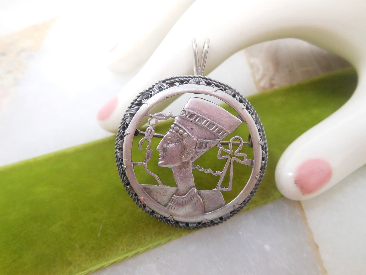 Vintage STERLING SILVER Nefertiti Brooch Pendant Egyptian Revival Pin Mid Century Ankh Jewelry Gift, VivianJoel.com