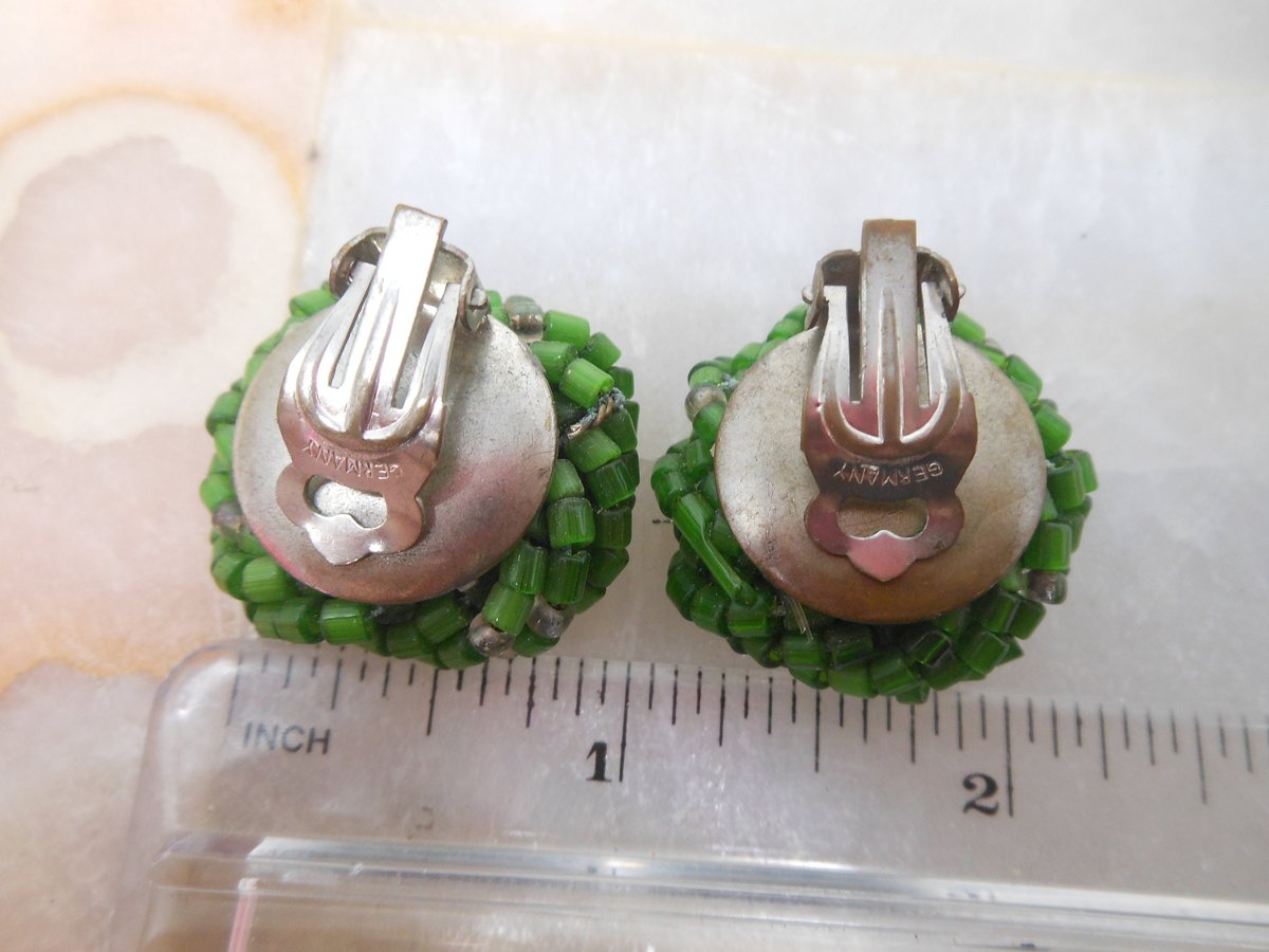 Vintage GERMANY Emerald Green Bead Cluster Earrings Clip On Glass Birdnest Jewelry Gift Mid Century, VivianJoel.com