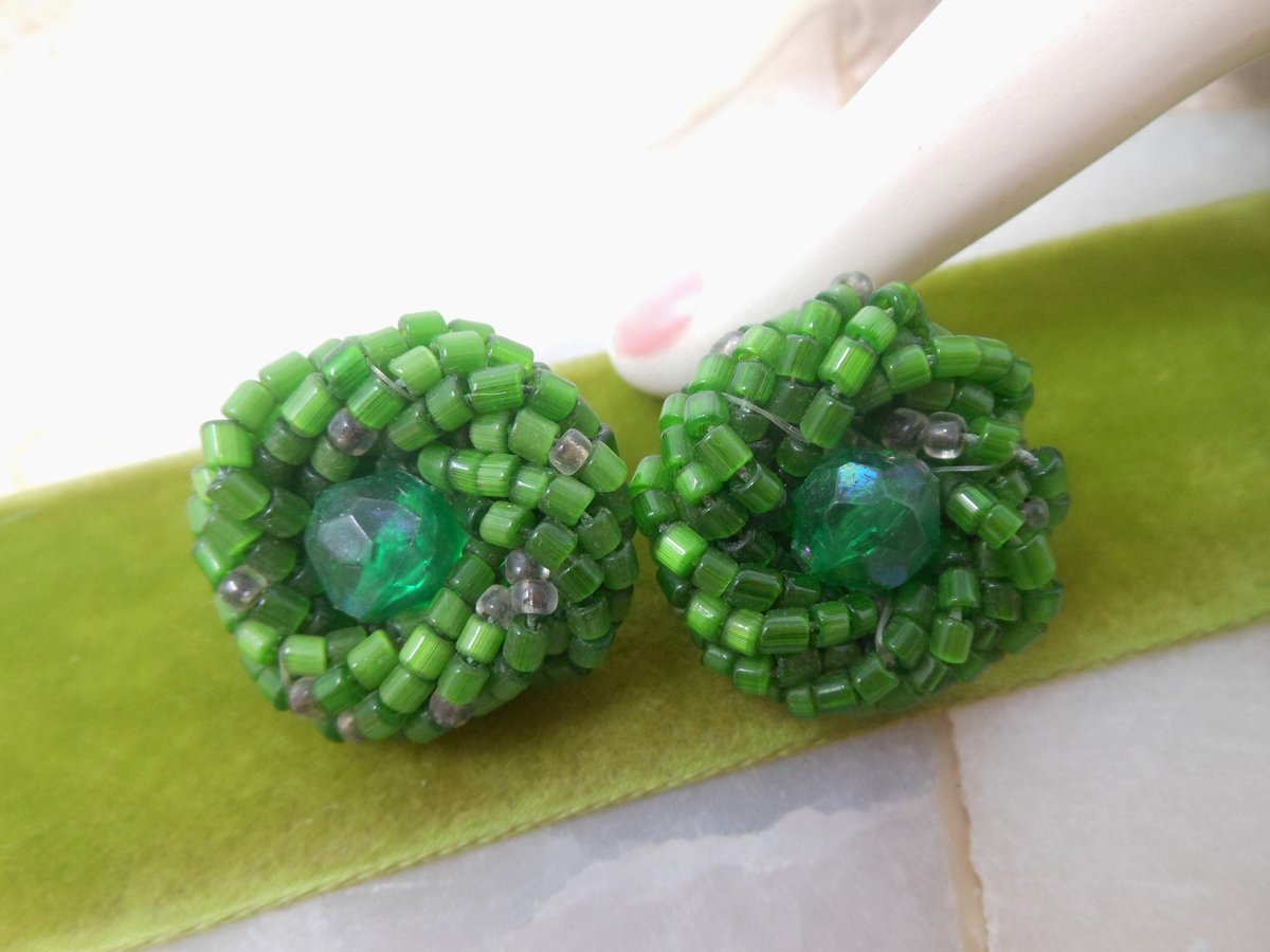 Vintage GERMANY Emerald Green Bead Cluster Earrings Clip On Glass Birdnest Jewelry Gift Mid Century, VivianJoel.com