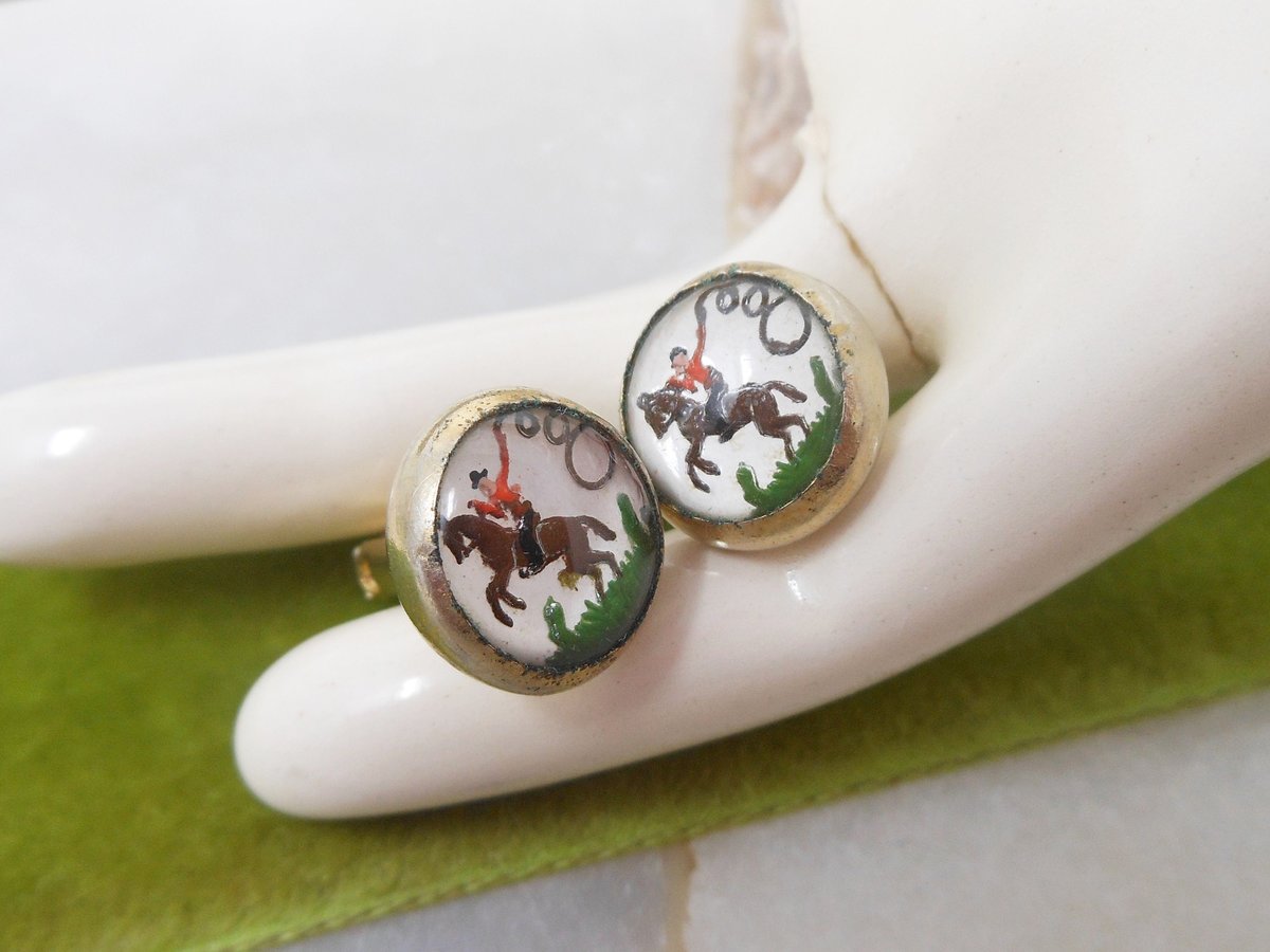 Vintage Cufflinks Bubble Glass Reverse Carved Cowboy Rodeo Cuff Link Groom Best Man Jewelry Gift Mid Century, VivianJoel.com