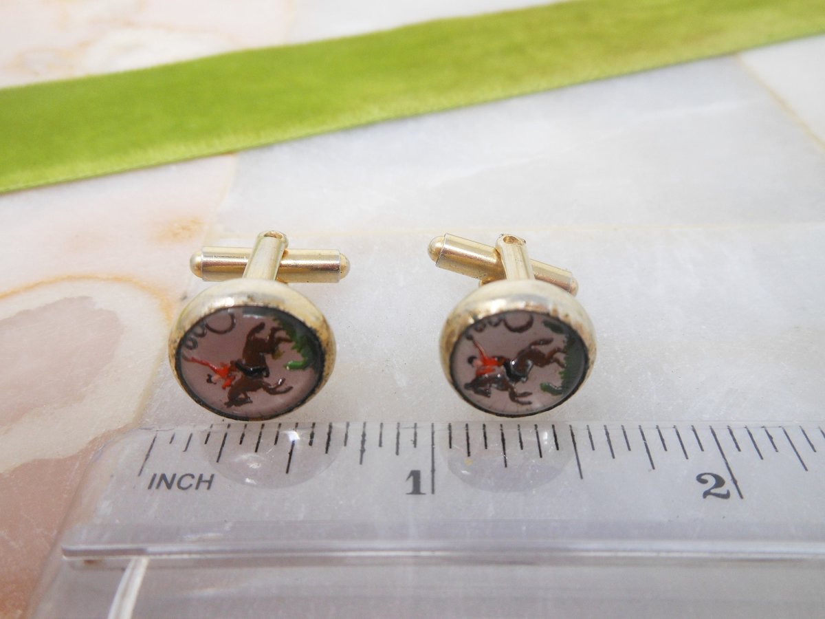 Vintage Cufflinks Bubble Glass Reverse Carved Cowboy Rodeo Cuff Link Groom Best Man Jewelry Gift Mid Century, VivianJoel.com