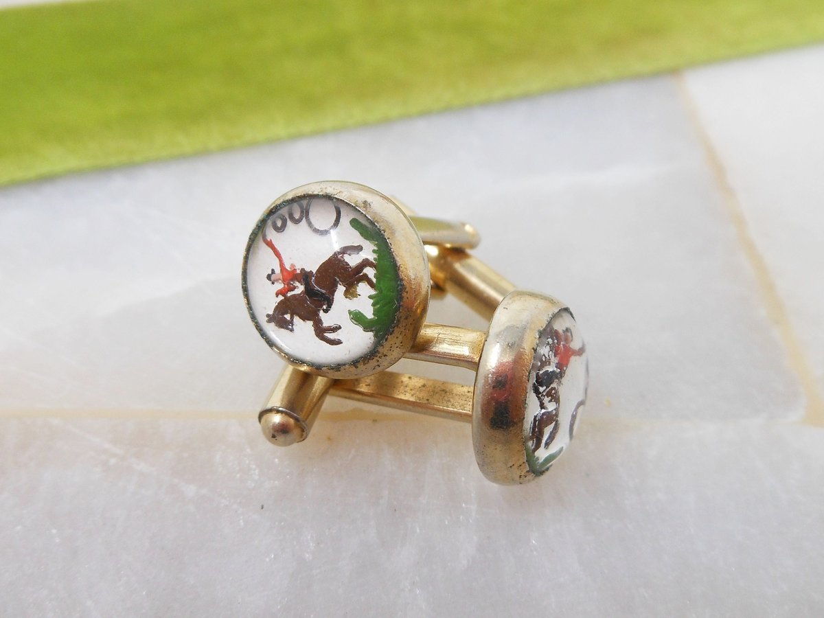 Vintage Cufflinks Bubble Glass Reverse Carved Cowboy Rodeo Cuff Link Groom Best Man Jewelry Gift Mid Century, VivianJoel.com