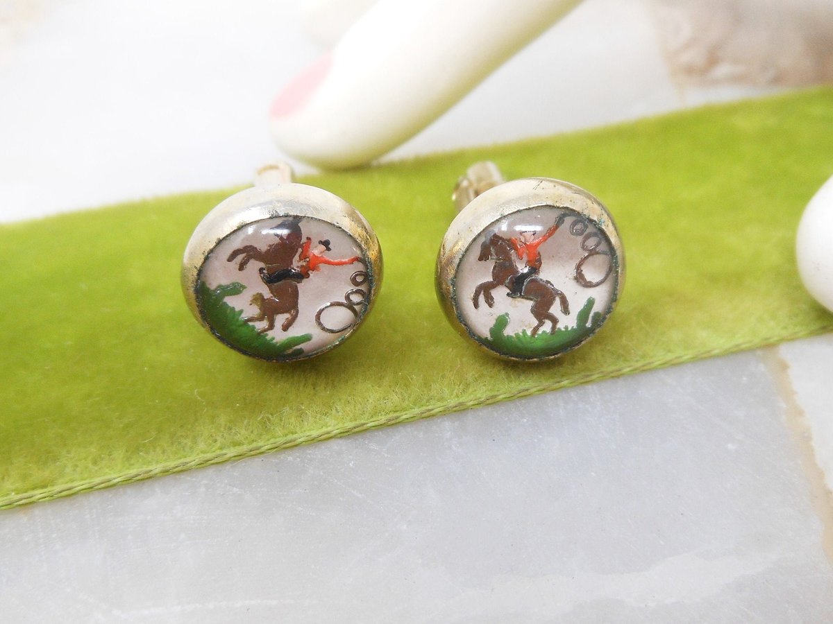 Vintage Cufflinks Bubble Glass Reverse Carved Cowboy Rodeo Cuff Link Groom Best Man Jewelry Gift Mid Century, VivianJoel.com