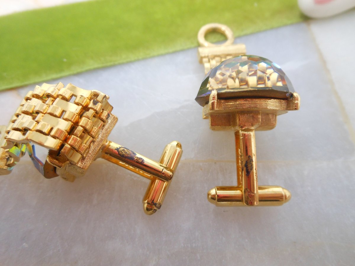 Vintage DANTE Watermelon Crystal Rainbow Rivoli Cufflinks Cuff Link Groom Best Man Mid Century Jewelry Gift,  VivianJoel.com