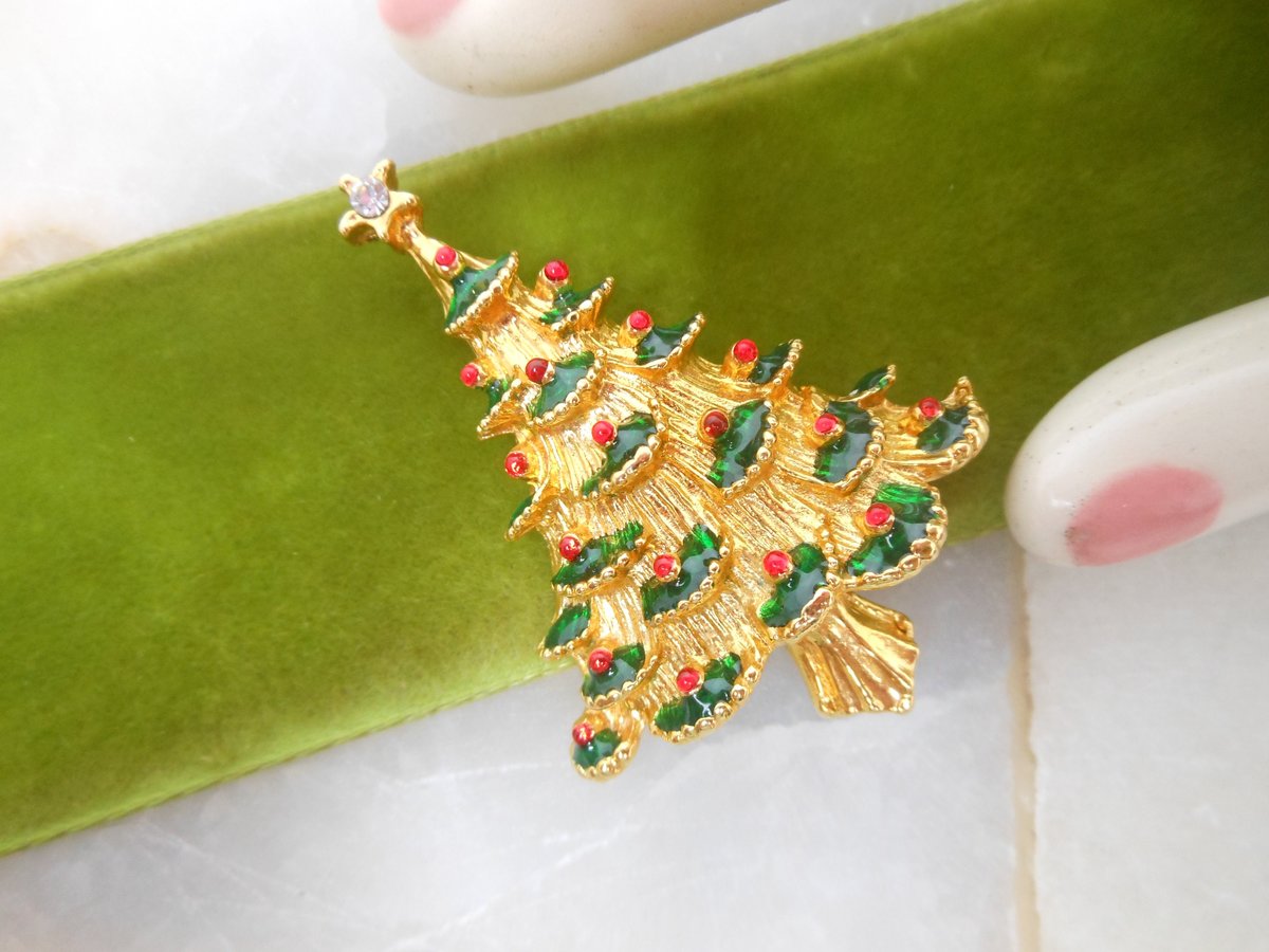 Vintage Christmas Tree Pin Brooch Enamel Rhinestone Gift Jewelry Collectible, VivianJoel.com