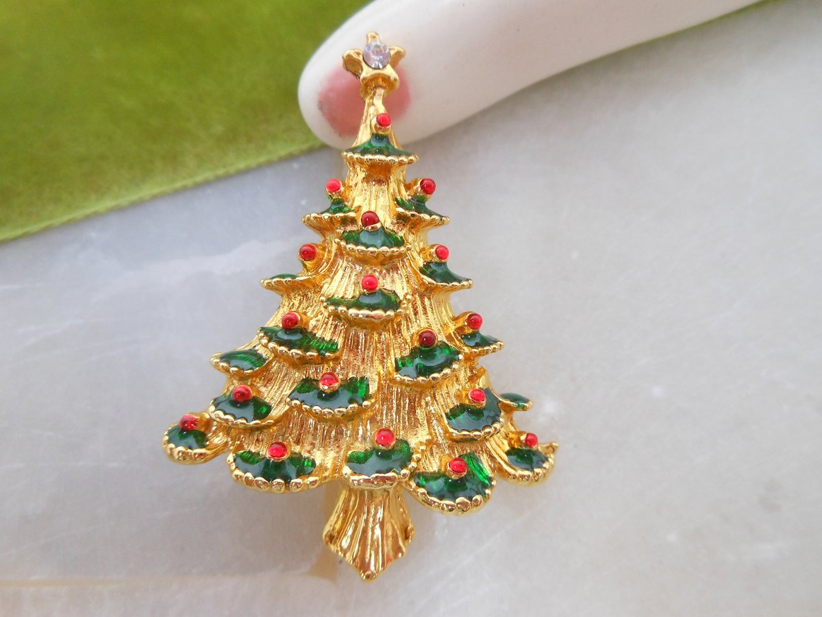 Vintage Christmas Tree Pin Brooch Enamel Rhinestone Gift Jewelry Collectible, VivianJoel.com