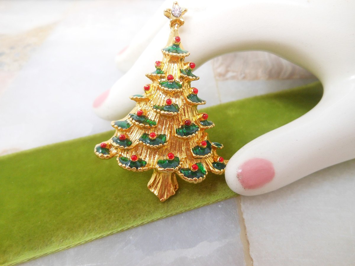 Vintage Christmas Tree Pin Brooch Enamel Rhinestone Gift Jewelry Collectible, VivianJoel.com