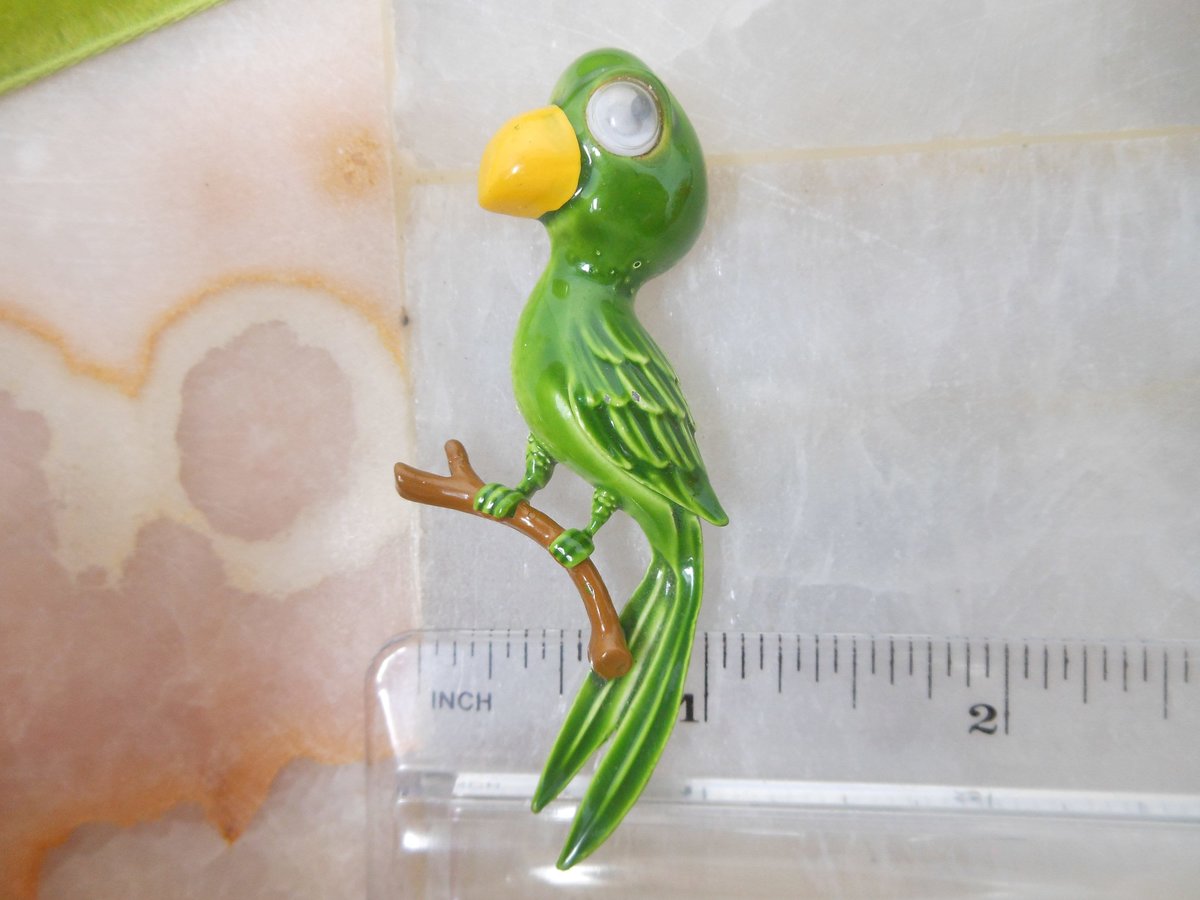 Vintage JJ Googly Eye Brooch Bird Parrot Tiki Pin Enamel Figural Tropical Designer Jewelry Gift Mid Century, VivianJoel.com