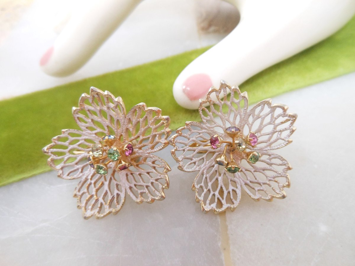 Vintage Tremblant Earrings Flower Enamel Atomic Crystal Rhinestone Clip On Mod Mid Century Jewelry, VivianJoel.com