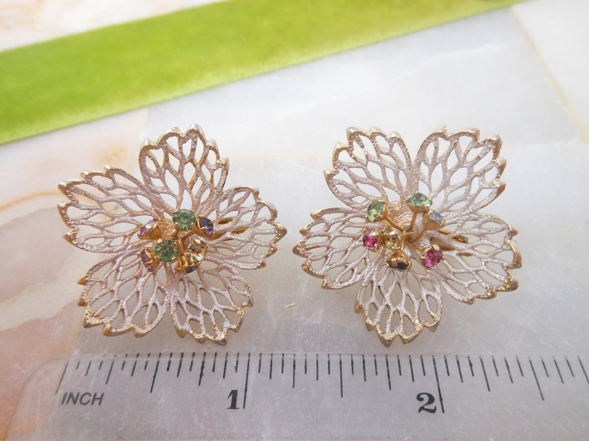 Vintage Tremblant Earrings Flower Enamel Atomic Crystal Rhinestone Clip On Mod Mid Century Jewelry, VivianJoel.com