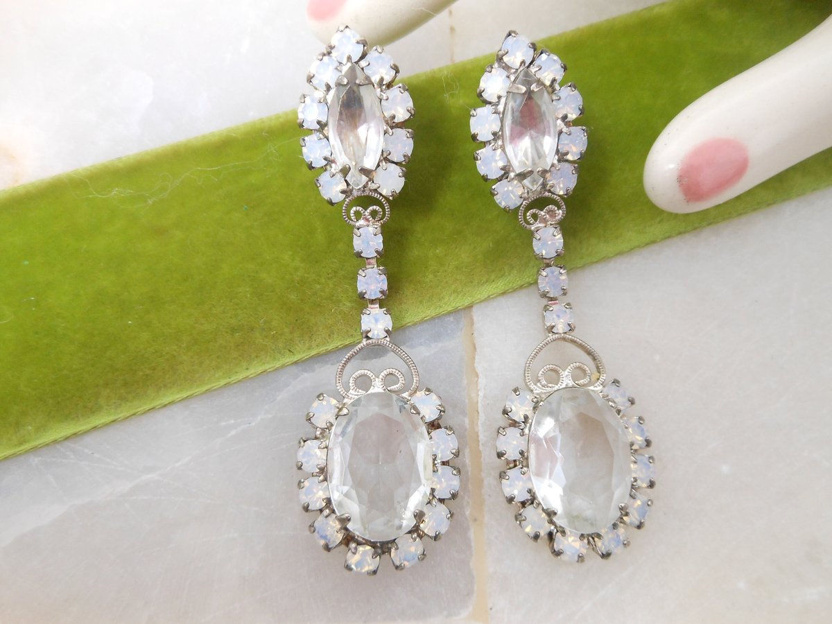 Vintage Rhinestone Earrings Moonstone Clip On Drop Crystal Dangle Chandelier Hollywood Glam Wedding Jewelry Gift Mid Century, VivianJoel.com