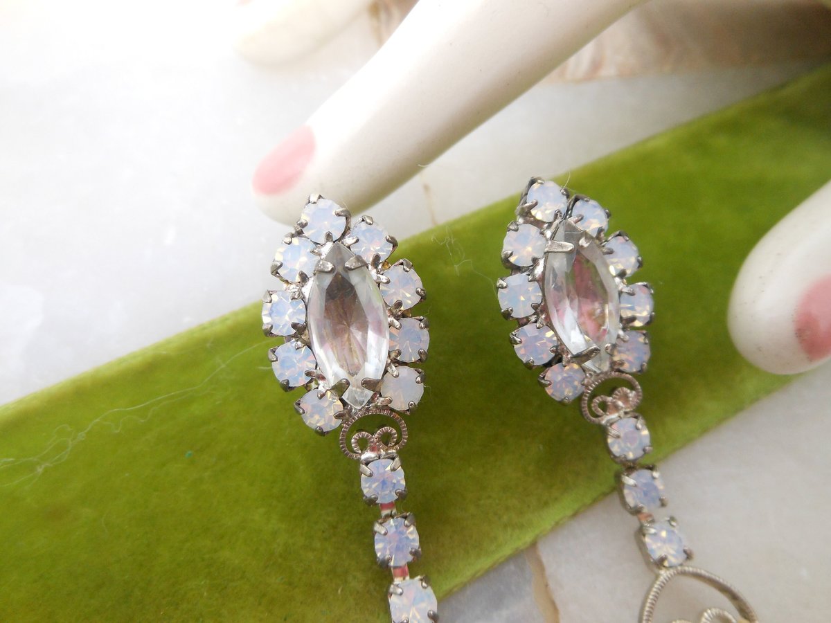 Vintage Rhinestone Earrings Moonstone Clip On Drop Crystal Dangle Chandelier Hollywood Glam Wedding Jewelry Gift Mid Century, VivianJoel.com
