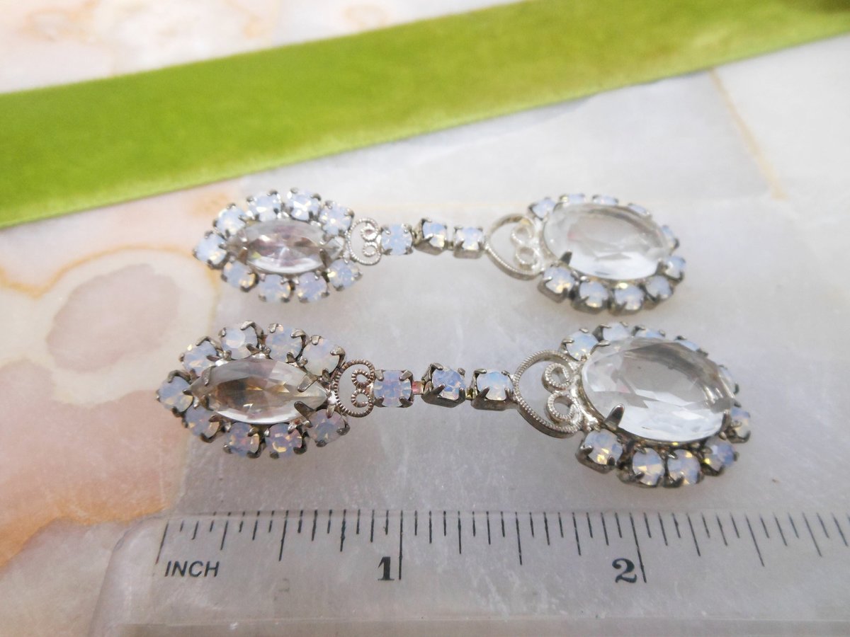 Vintage Rhinestone Earrings Moonstone Clip On Drop Crystal Dangle Chandelier Hollywood Glam Wedding Jewelry Gift Mid Century, VivianJoel.com