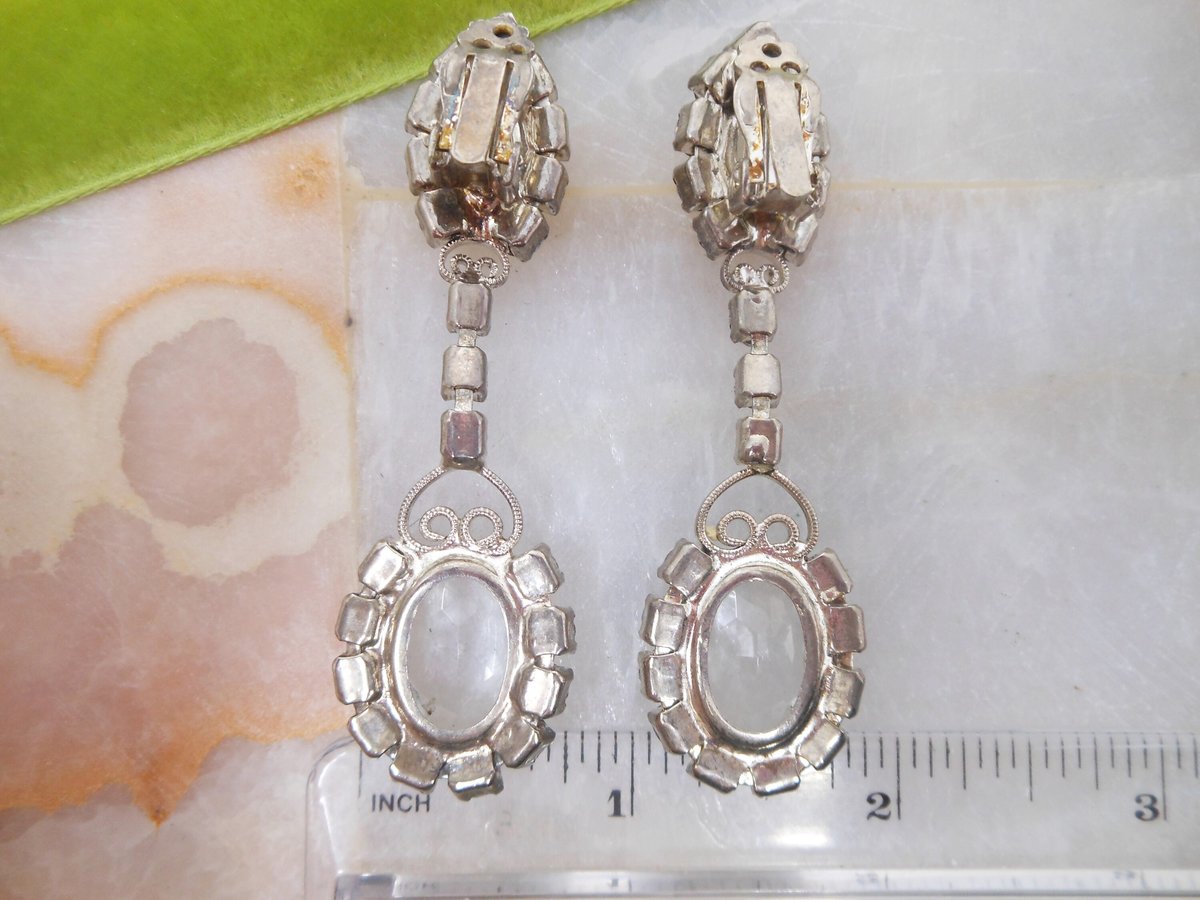 Vintage Rhinestone Earrings Moonstone Clip On Drop Crystal Dangle Chandelier Hollywood Glam Wedding Jewelry Gift Mid Century, VivianJoel.com