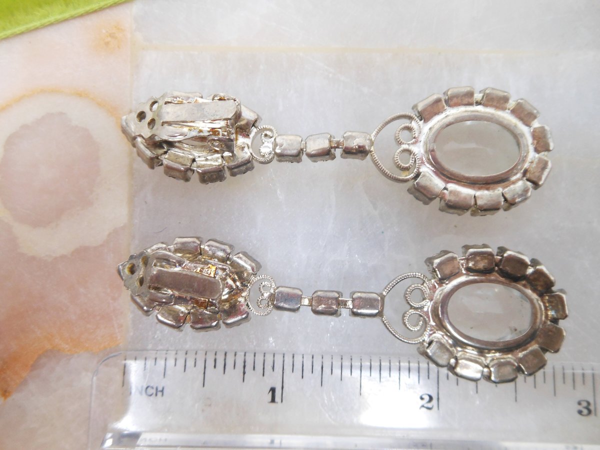 Vintage Rhinestone Earrings Moonstone Clip On Drop Crystal Dangle Chandelier Hollywood Glam Wedding Jewelry Gift Mid Century, VivianJoel.com