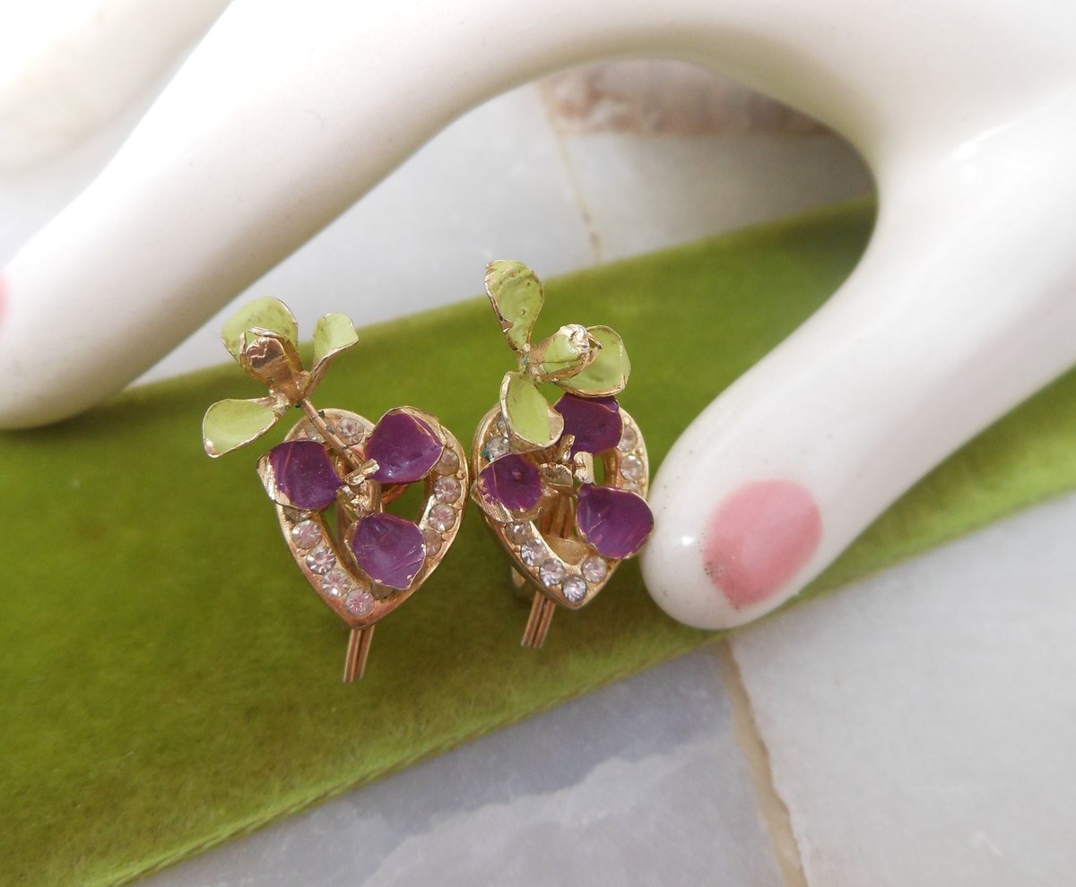 Vintage Pansy Enamel Flower Rhinestone Heart Earrings Screw Back Petite Delicate Mid Century Jewelry Gift, VivianJoel.com