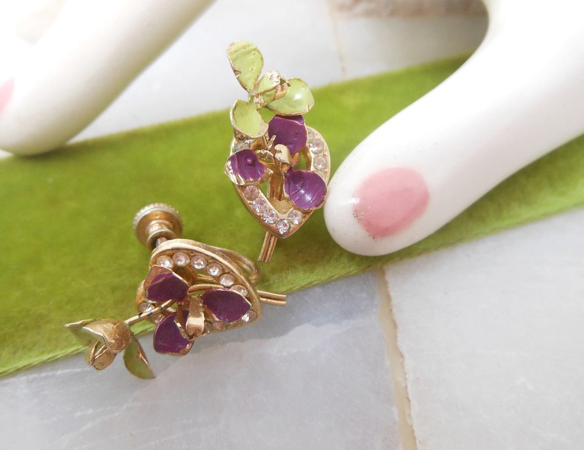 Vintage Pansy Enamel Flower Rhinestone Heart Earrings Screw Back Petite Delicate Mid Century Jewelry Gift, VivianJoel.com