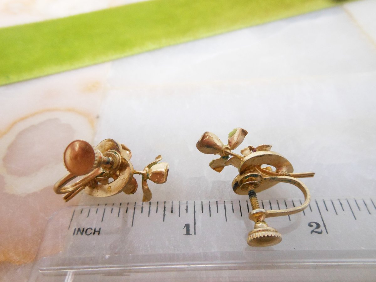 Vintage Pansy Enamel Flower Rhinestone Heart Earrings Screw Back Petite Delicate Mid Century Jewelry Gift, VivianJoel.com