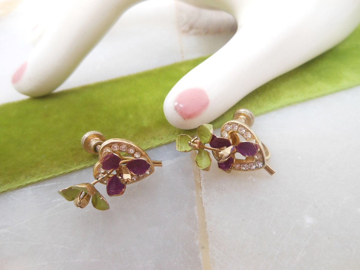 Vintage Pansy Enamel Flower Rhinestone Heart Earrings Screw Back Petite Delicate Mid Century Jewelry Gift, VivianJoel.com
