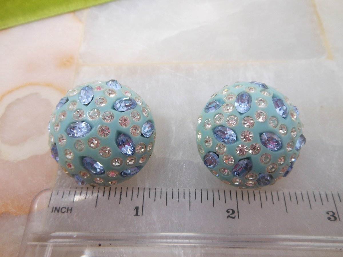 Vintage WEISS Rhinestone Earrings Aqua Plastic Lucite Chunky Designer Turquoise Mid Century Jewelry Gift, VivianJoel.com