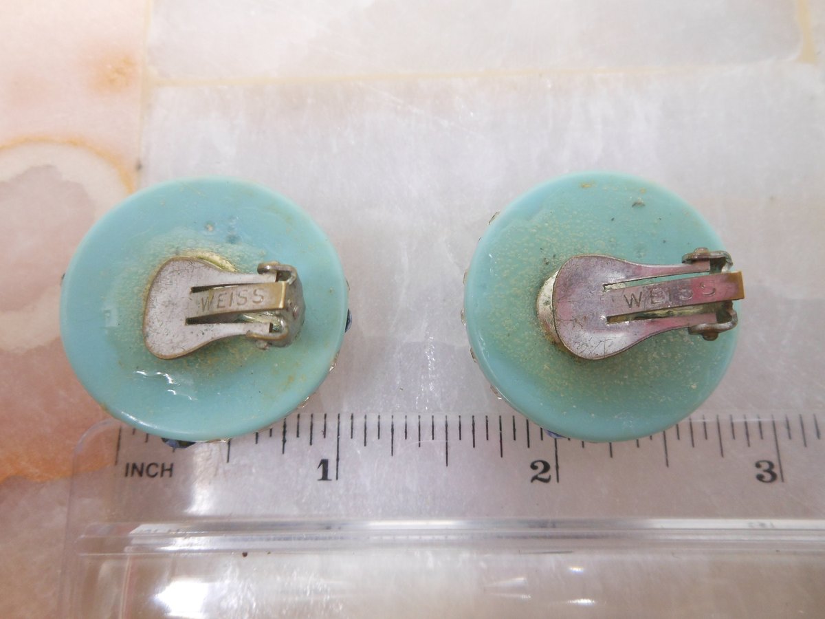 Vintage WEISS Rhinestone Earrings Aqua Plastic Lucite Chunky Designer Turquoise Mid Century Jewelry Gift, VivianJoel.com