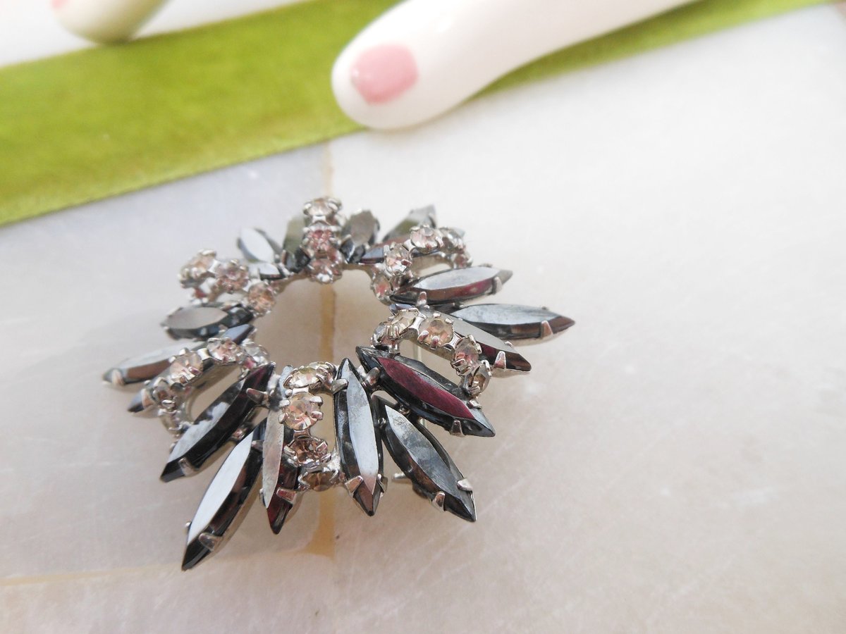 Vintage JULIANA Starburst Flower Brooch Earrings Set Hematite Pin Rhinestone Crystal Designer Verified Mid Century Jewelry, VivianJoel.com