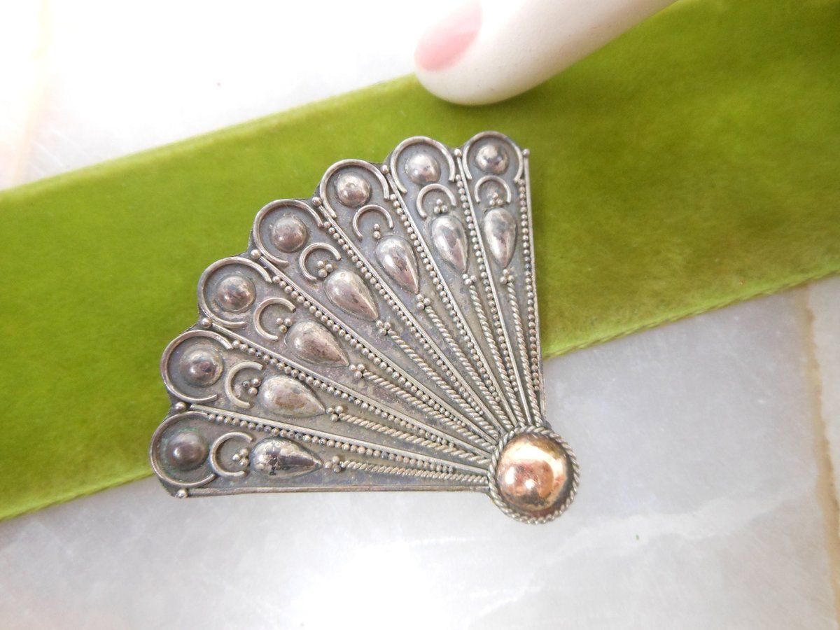 Vintage STERLING SILVER Fan Pin Brooch 925 Figural Mid Century Art Deco Mid Century Jewelry Gift, VivianJoel.com