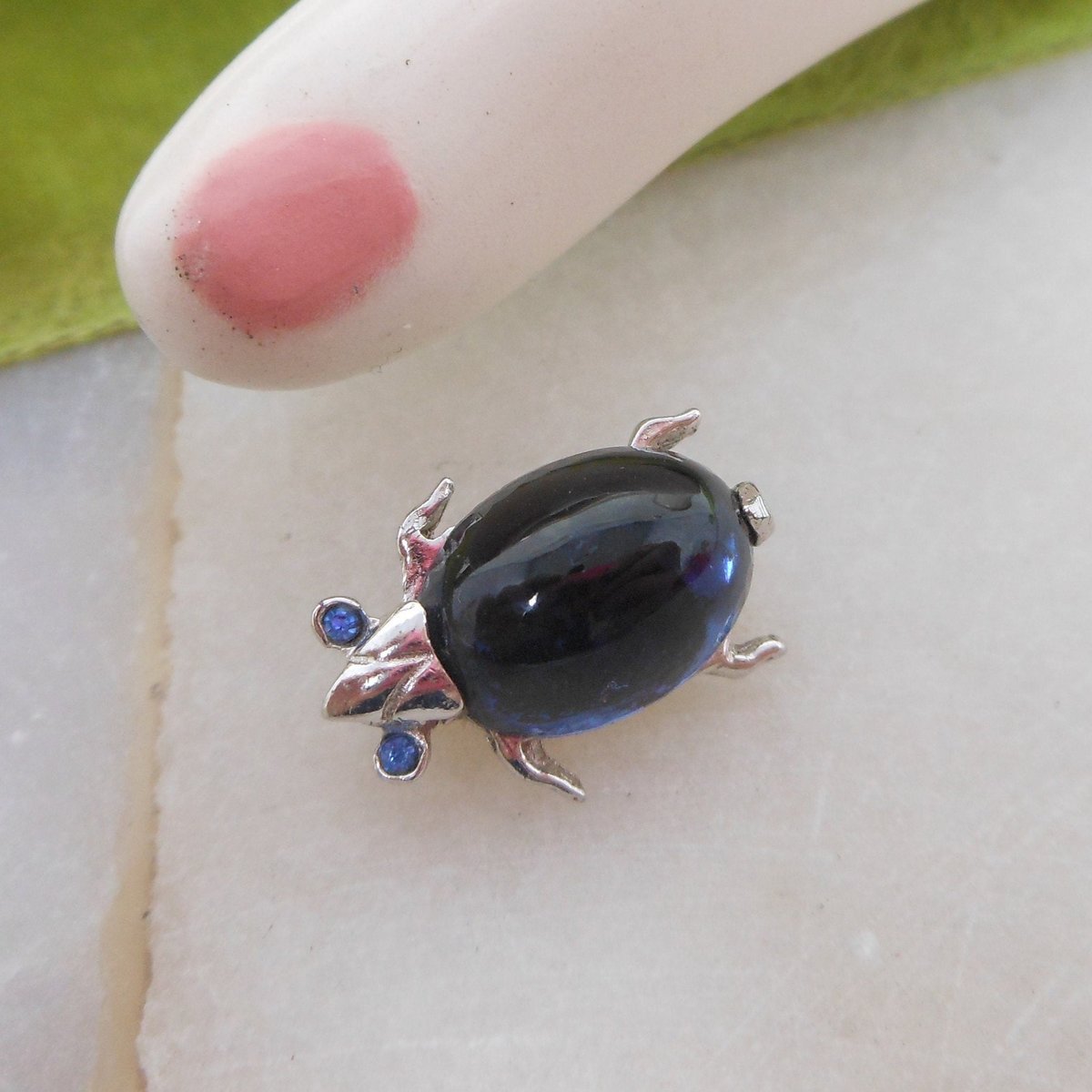 Vintage Jelly Belly Bug Petite Pin Brooch Blue Glass Rhinestone Insect Ladybug Jewelry Gift Mid Century, VivianJoel.com