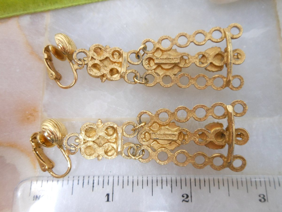 Vintage FLORENZA Cameo Earrings Long Dangle Drop Victorian Revival Chandelier Clip On Designer Mid CenturyJewelry Gift, VivianJoel.com
