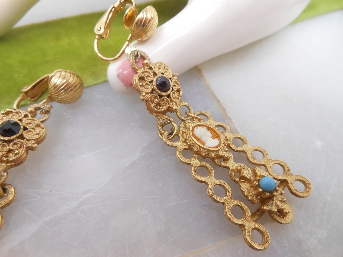 Vintage FLORENZA Cameo Earrings Long Dangle Drop Victorian Revival Chandelier Clip On Designer Mid CenturyJewelry Gift, VivianJoel.com
