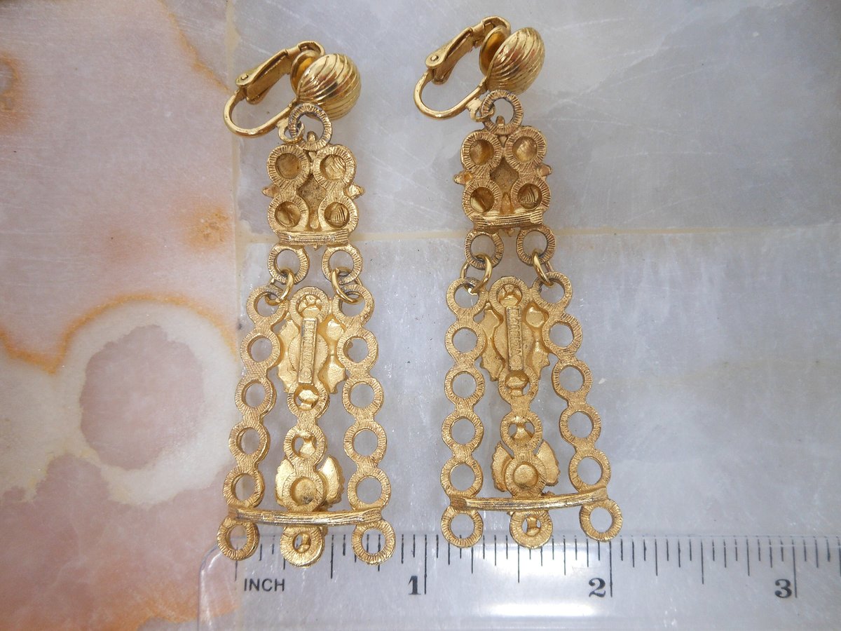 Vintage FLORENZA Cameo Earrings Long Dangle Drop Victorian Revival Chandelier Clip On Designer Mid CenturyJewelry Gift, VivianJoel.com