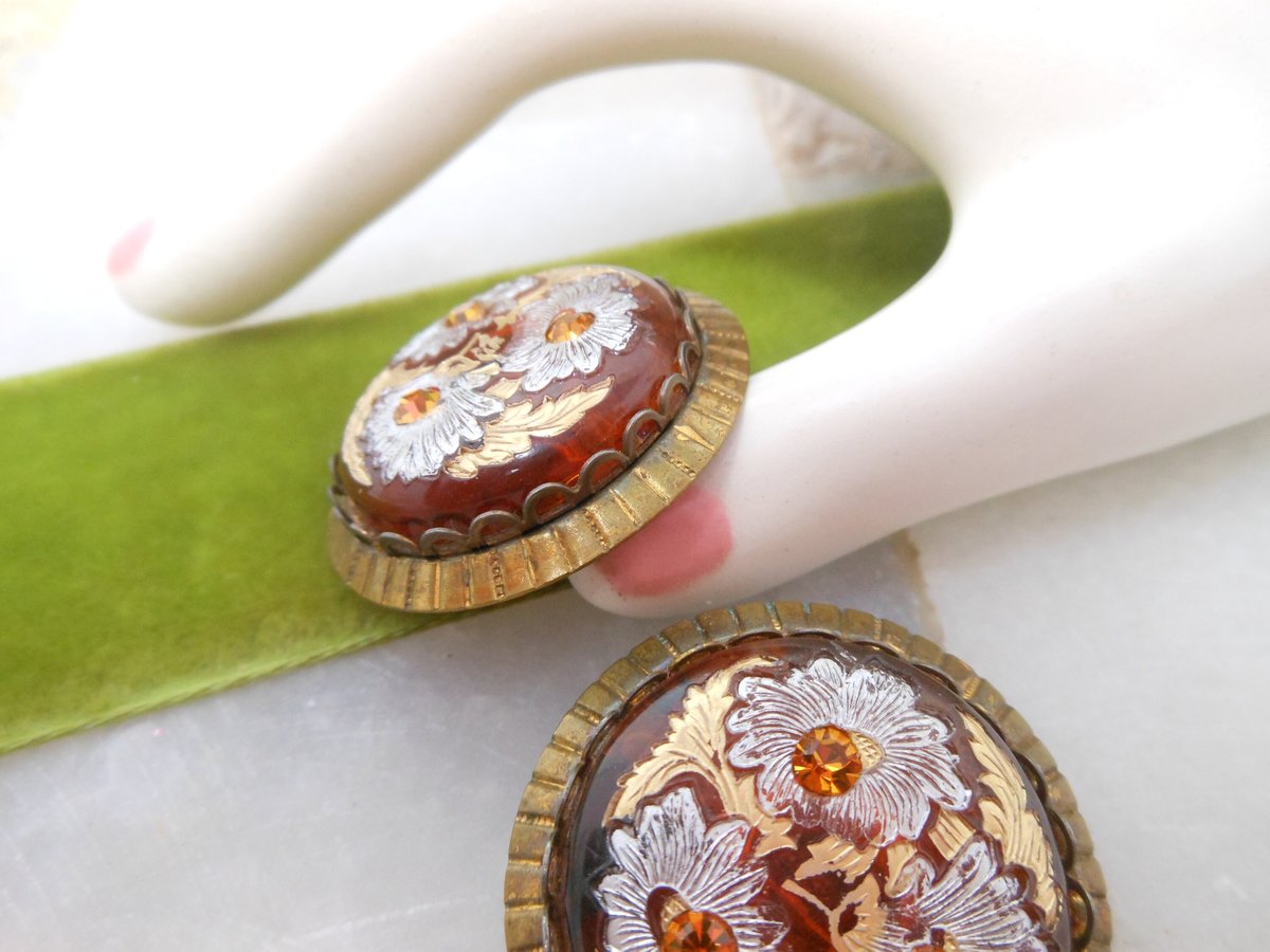 Vintage Glass Enamel Flower Earrings Clip On Rhinestone Chunky Unique Mid Century Jewelry Gift, VivianJoel.com