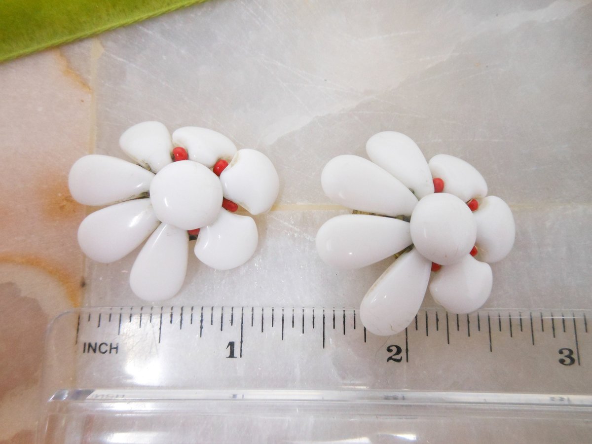 Vintage WEST GERMANY Milk Glass Earrings White Flower Clip On Wedding Bride Mod Jewelry Mid Century Gift, VivianJoel.com