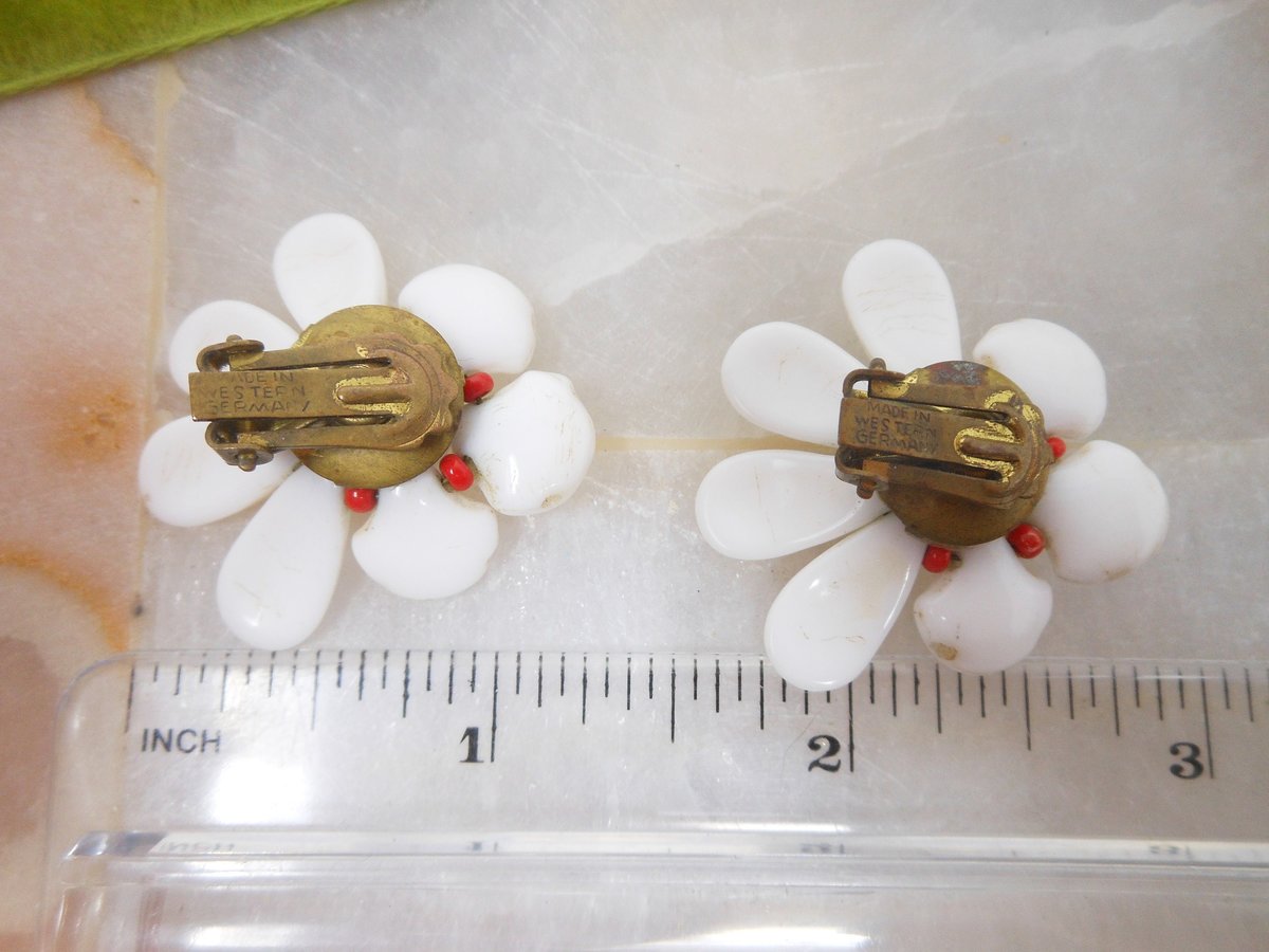 Vintage WEST GERMANY Milk Glass Earrings White Flower Clip On Wedding Bride Mod Jewelry Mid Century Gift, VivianJoel.com