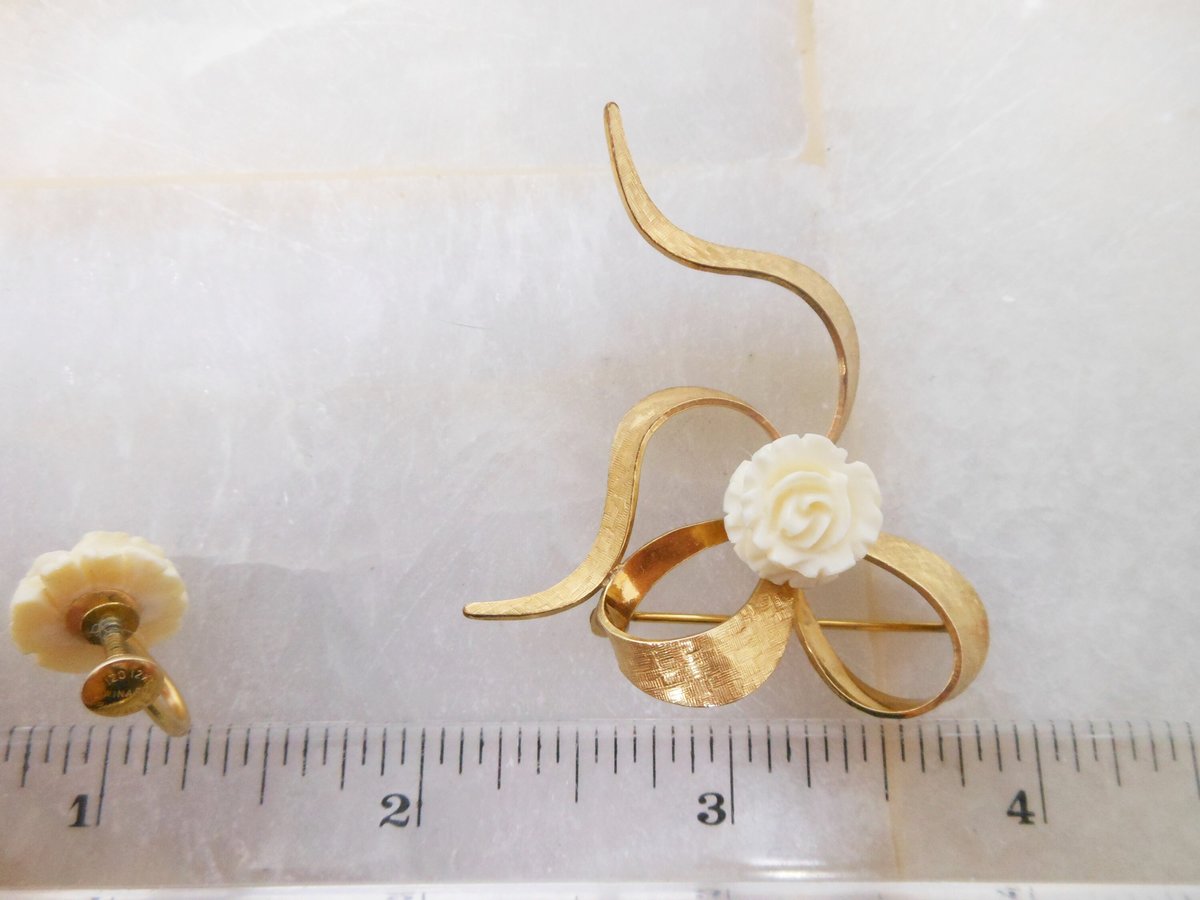 Vintage WINARD Rose Flower Brooch Earrings Set Gold Fill Pin GF Screw Back Designer Mid Century Jewelry Gift, VivianJoel.com