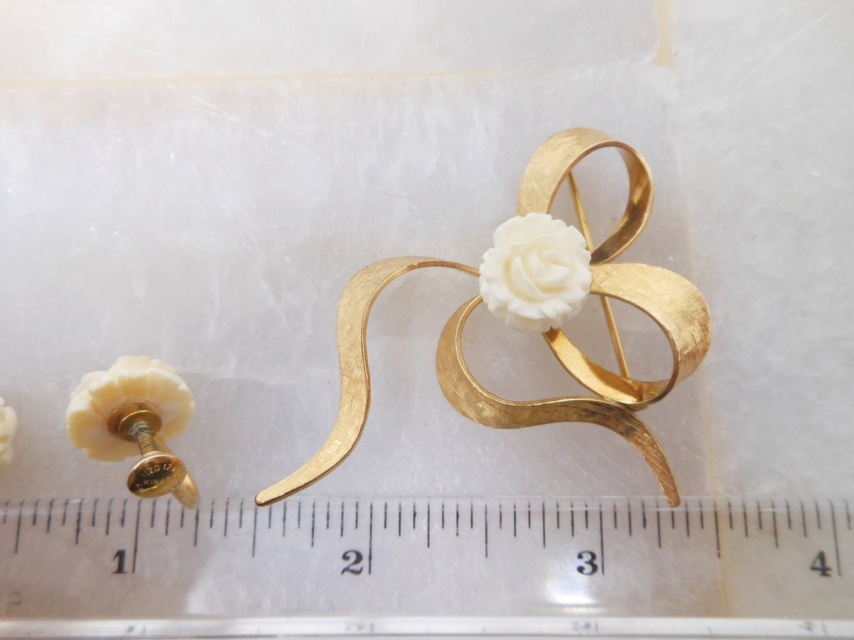 Vintage WINARD Rose Flower Brooch Earrings Set Gold Fill Pin GF Screw Back Designer Mid Century Jewelry Gift, VivianJoel.com