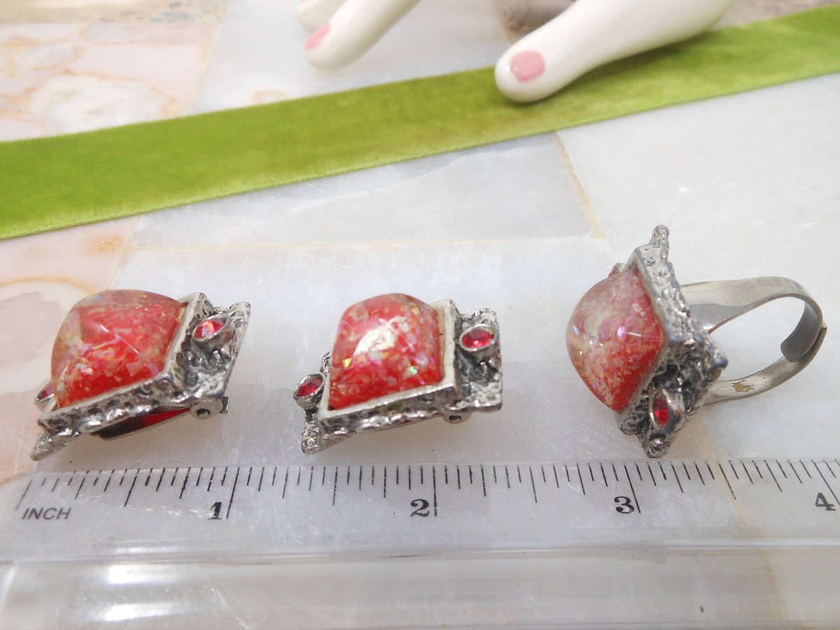 Vintage SELRO Confetti Lucite Earrings Ring SET Chunky Ornate Plastic Resin Clip On Designer Mid Century, VivianJoel.com