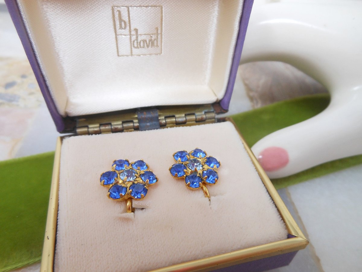 Vintage B DAVID Designer Blue Rhinestone Flower Earrings Clip On Forget Me Not Designer IOB Jewelry Mid Century Gift, VivianJoel.com