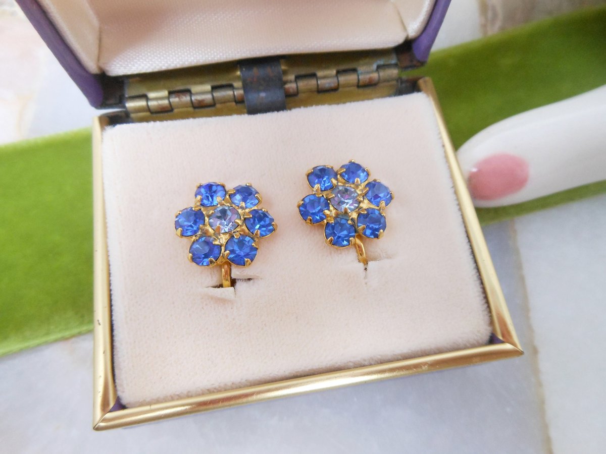 Vintage B DAVID Designer Blue Rhinestone Flower Earrings Clip On Forget Me Not Designer IOB Jewelry Mid Century Gift, VivianJoel.com