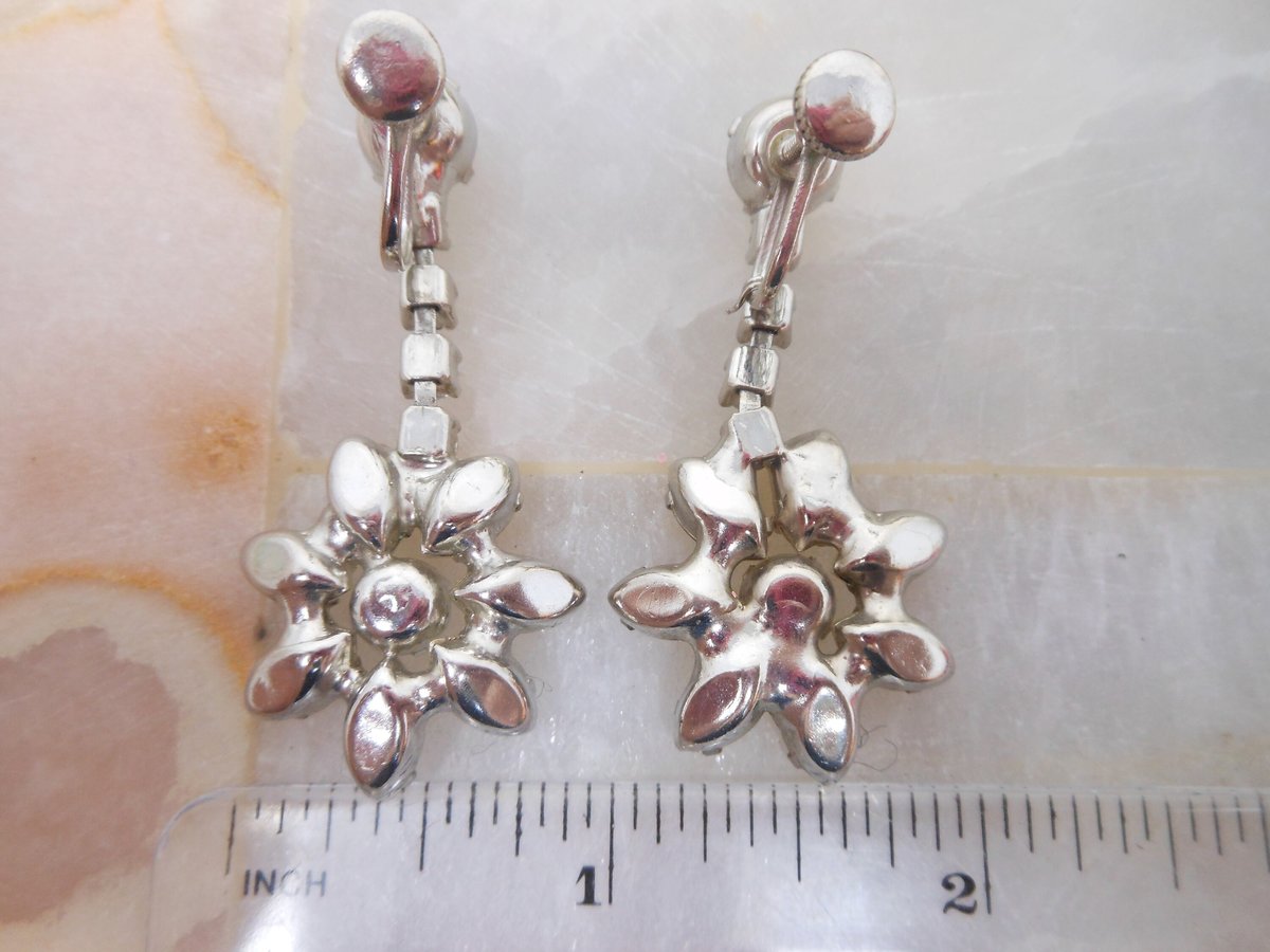 Vintage Rhinestone Earrings Flower Dangle Drop Chandelier Screw Back Hollywood Glam Mid Century, VivianJoel.com