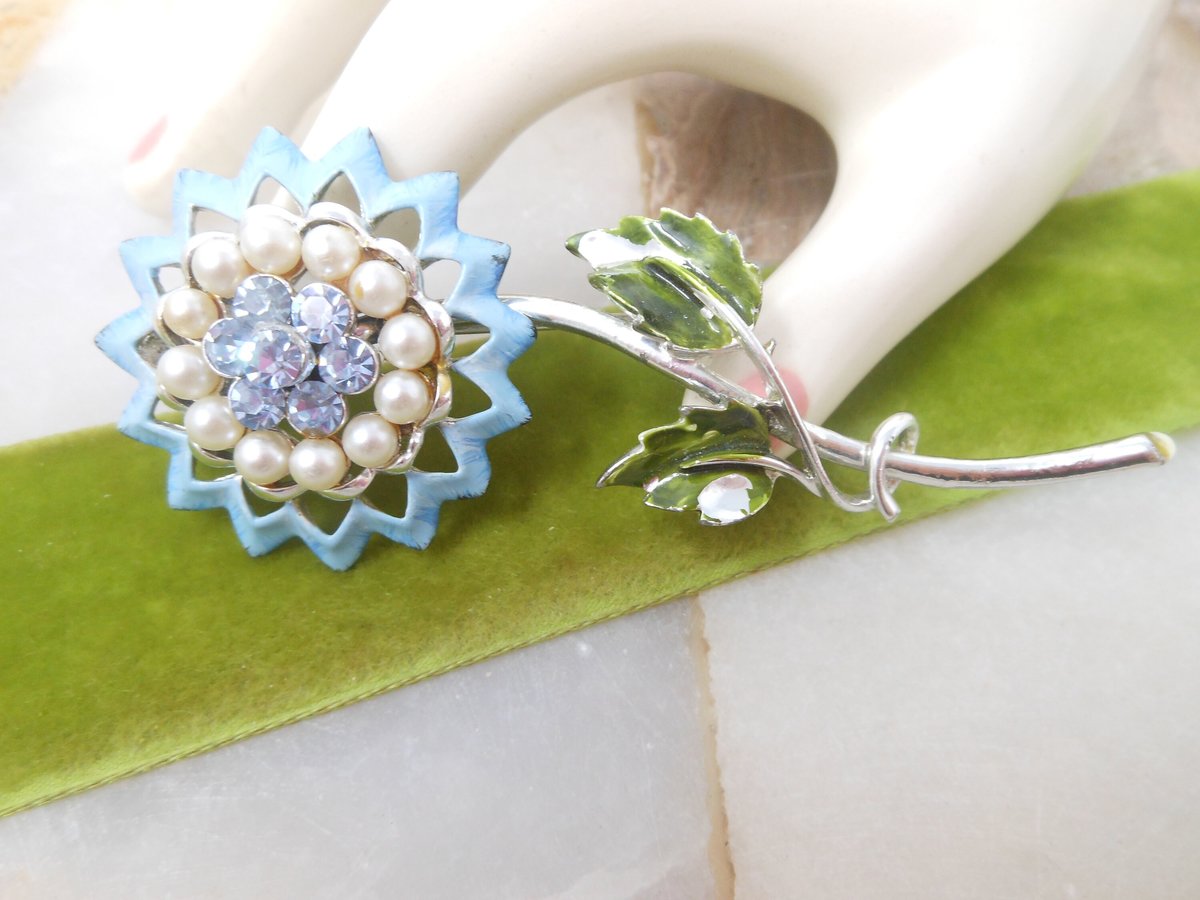 Vintage CORO Flower Brooch Enamel Rhinestone Pearl Pin MOD Designer Something Blue Mid Century Jewelry Gift, VivianJoel.com