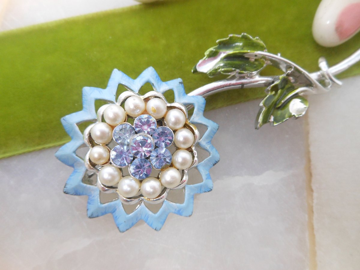 Vintage CORO Flower Brooch Enamel Rhinestone Pearl Pin MOD Designer Something Blue Mid Century Jewelry Gift, VivianJoel.com