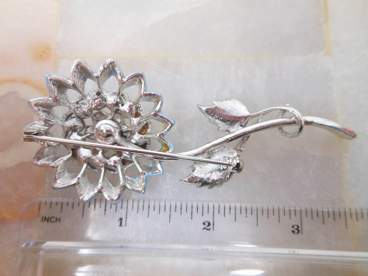 Vintage CORO Flower Brooch Enamel Rhinestone Pearl Pin MOD Designer Something Blue Mid Century Jewelry Gift, VivianJoel.com