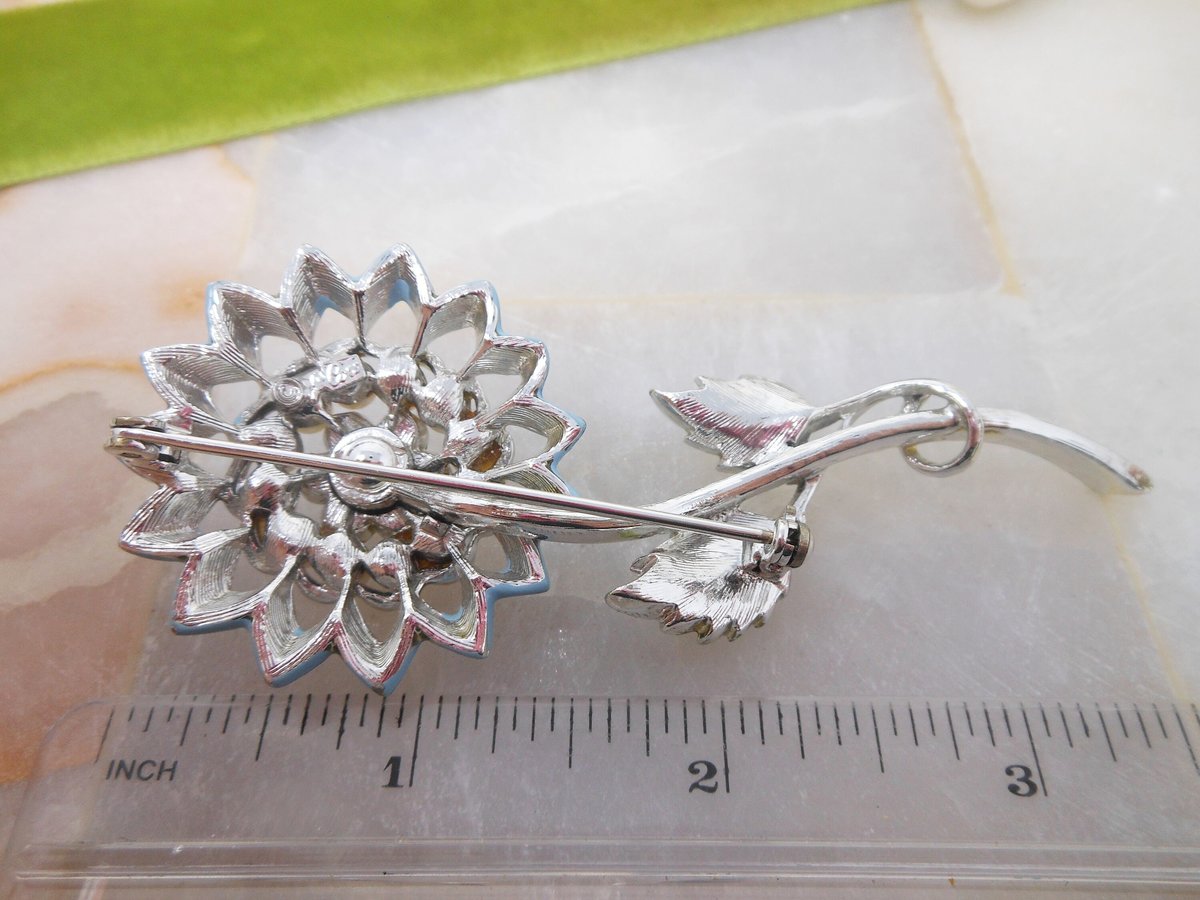 Vintage CORO Flower Brooch Enamel Rhinestone Pearl Pin MOD Designer Something Blue Mid Century Jewelry Gift, VivianJoel.com