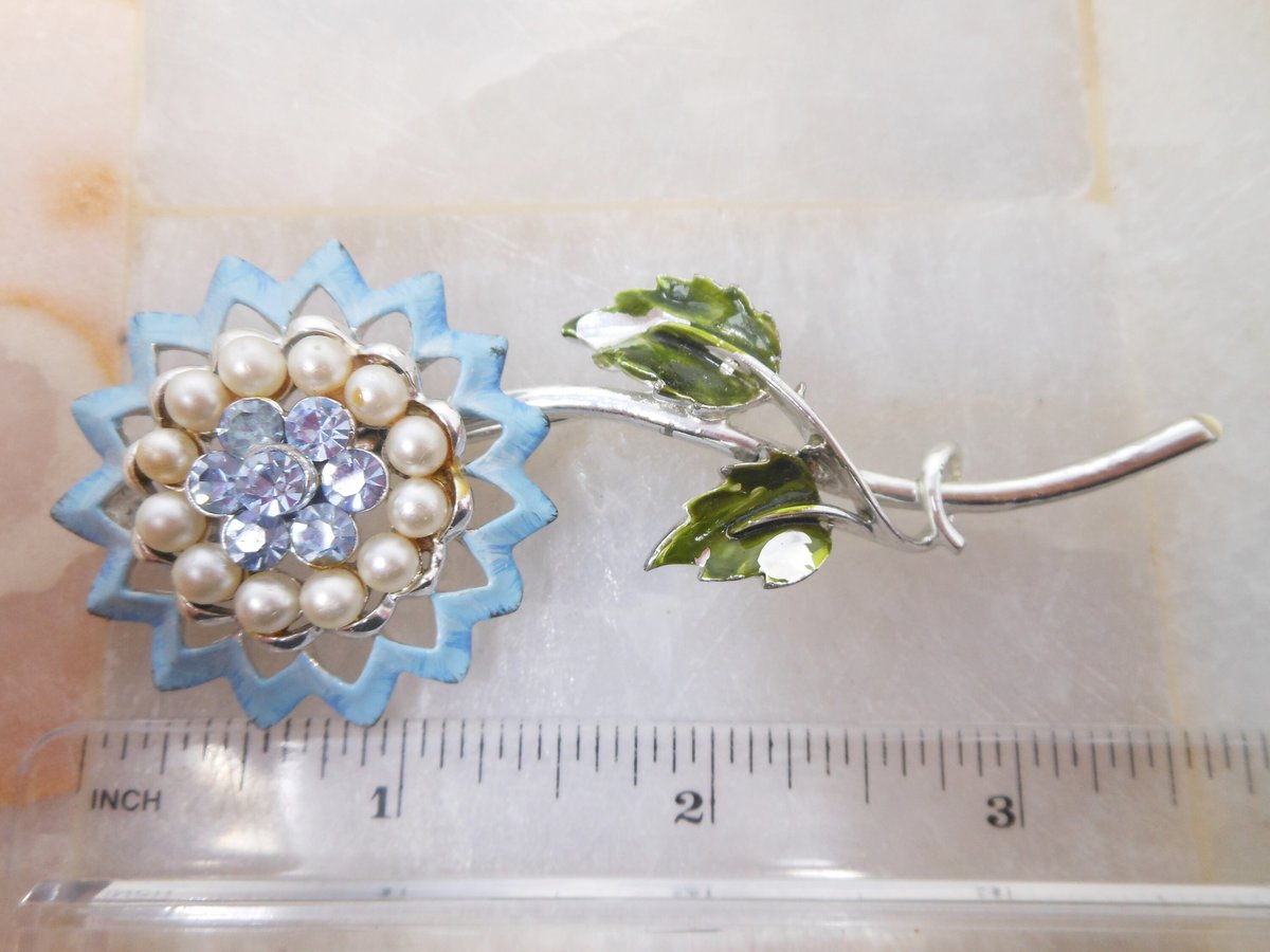 Vintage CORO Flower Brooch Enamel Rhinestone Pearl Pin MOD Designer Something Blue Mid Century Jewelry Gift, VivianJoel.com
