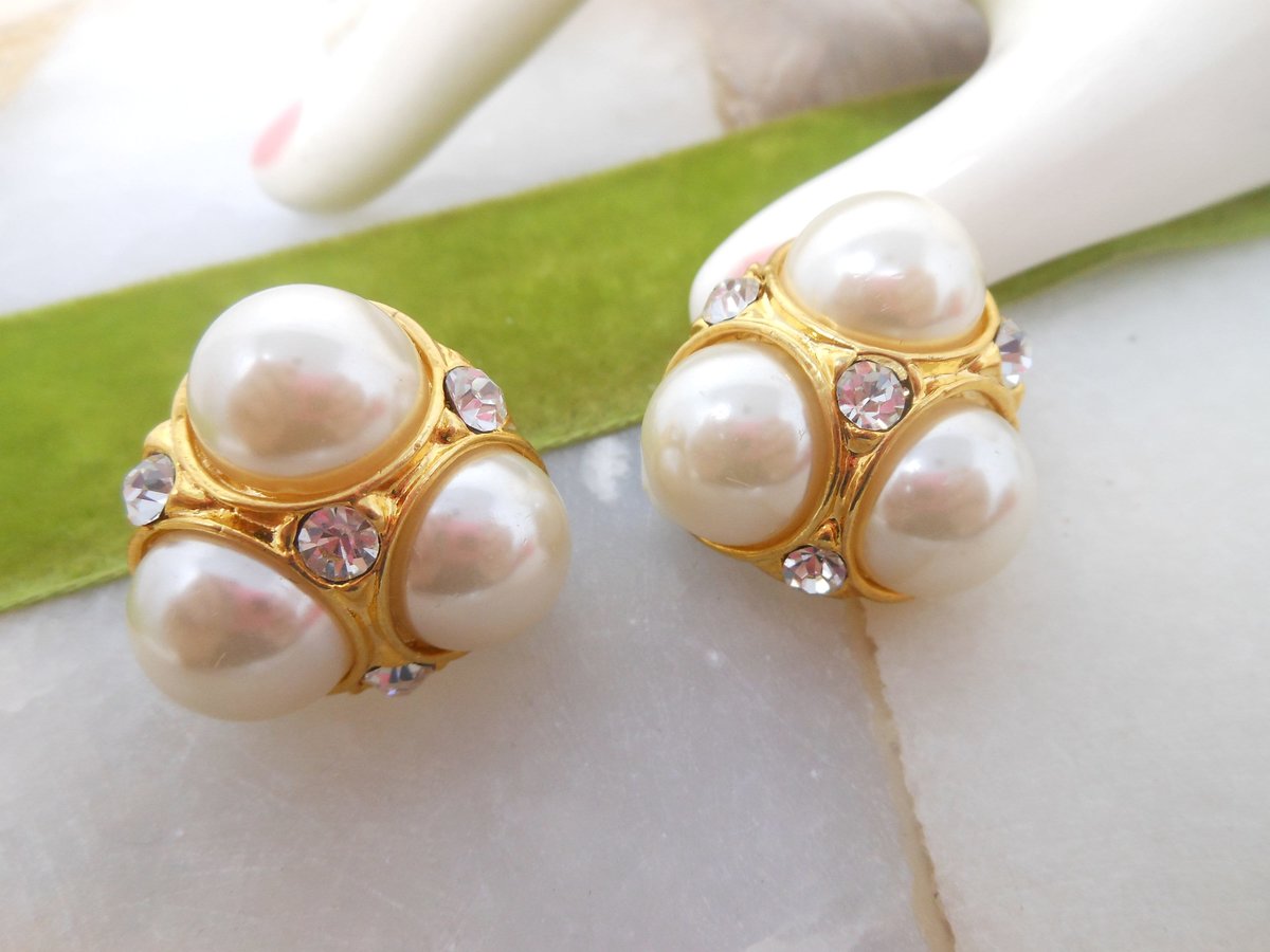 Vintage Pearl Rhinestone Jumbo Earrings Chunky Mogul Gold Tone Plate Mid Century Jewelry Gift, VivianJoel.com