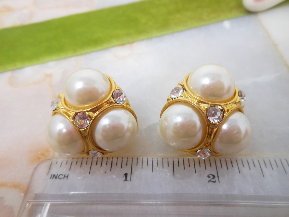 Vintage Pearl Rhinestone Jumbo Earrings Chunky Mogul Gold Tone Plate Mid Century Jewelry Gift, VivianJoel.com