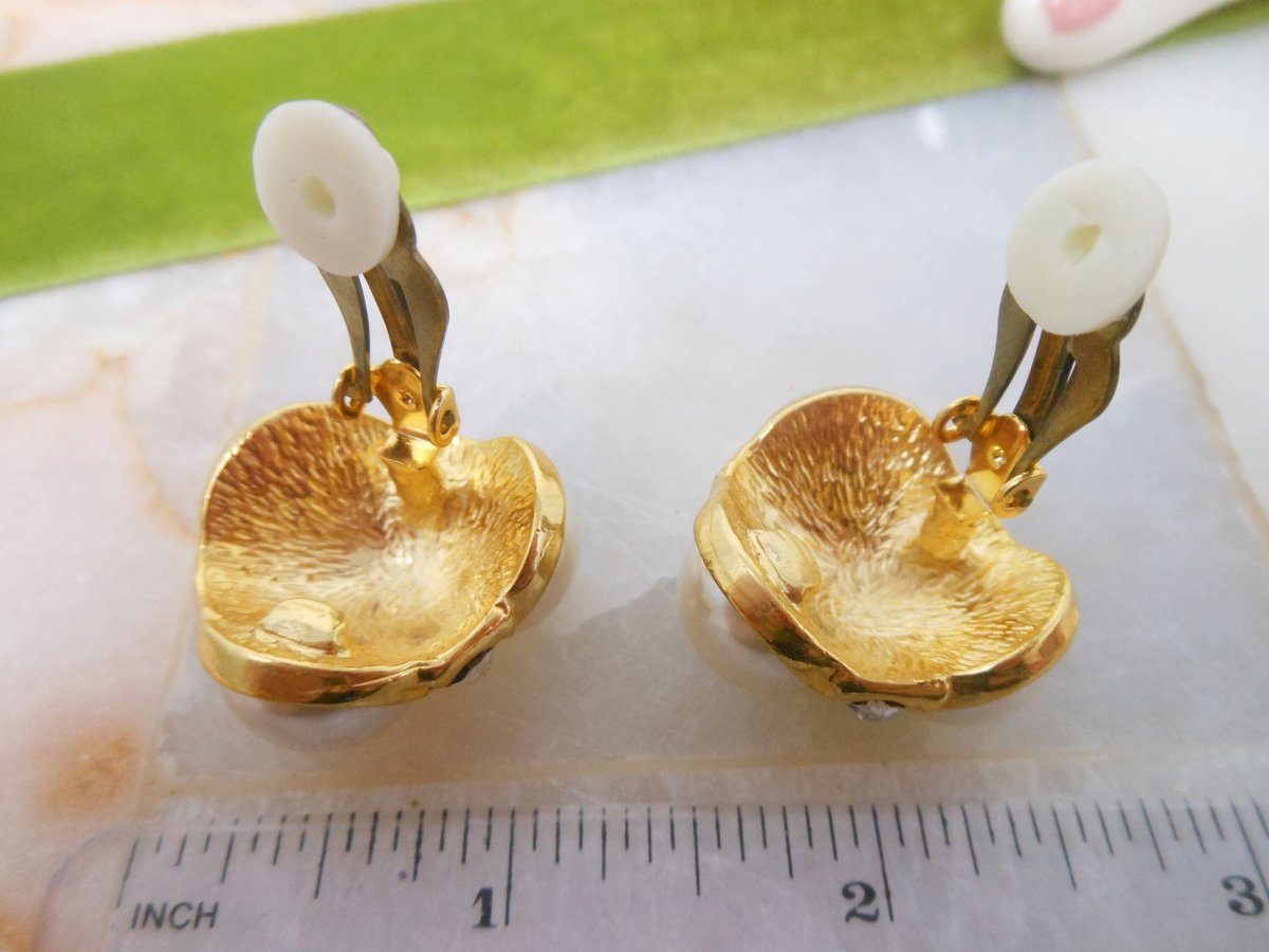 Vintage Pearl Rhinestone Jumbo Earrings Chunky Mogul Gold Tone Plate Mid Century Jewelry Gift, VivianJoel.com