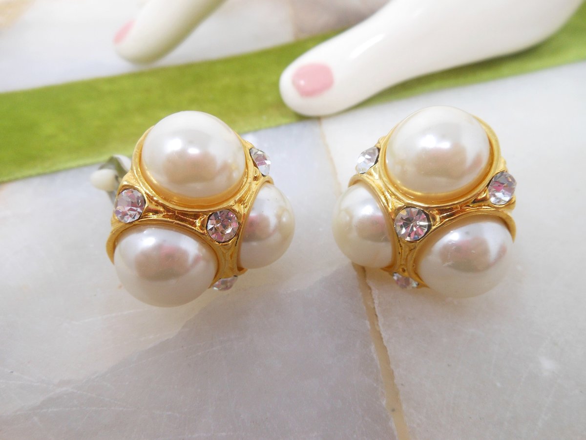 Vintage Pearl Rhinestone Jumbo Earrings Chunky Mogul Gold Tone Plate Mid Century Jewelry Gift, VivianJoel.com