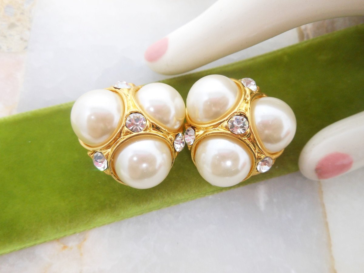 Vintage Pearl Rhinestone Jumbo Earrings Chunky Mogul Gold Tone Plate Mid Century Jewelry Gift, VivianJoel.com